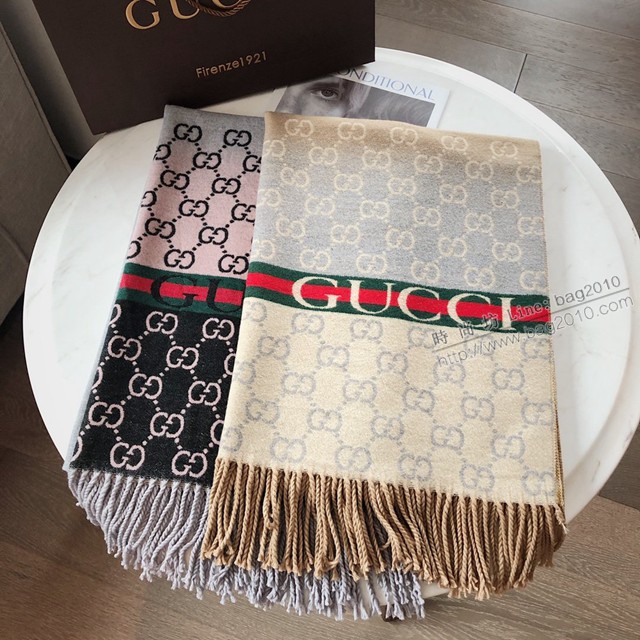 Gucci經典羊絨混紡長巾 古馳時尚披肩 古琦雙面提花長須圍巾  mmj1645